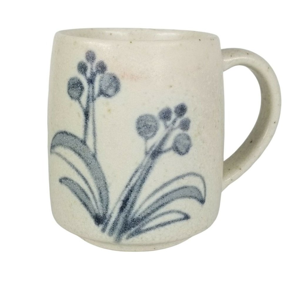 Vintage Glazed Speckled Stoneware Coffee Cup Mug Blue Flower Handle  Decorative